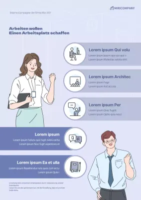 Plakat für eine interne Kampagne, in deren Mittelpunkt eine blaue Illustration steht Schaffung eines Arbeitsplatzes, an dem man arbeiten möchte