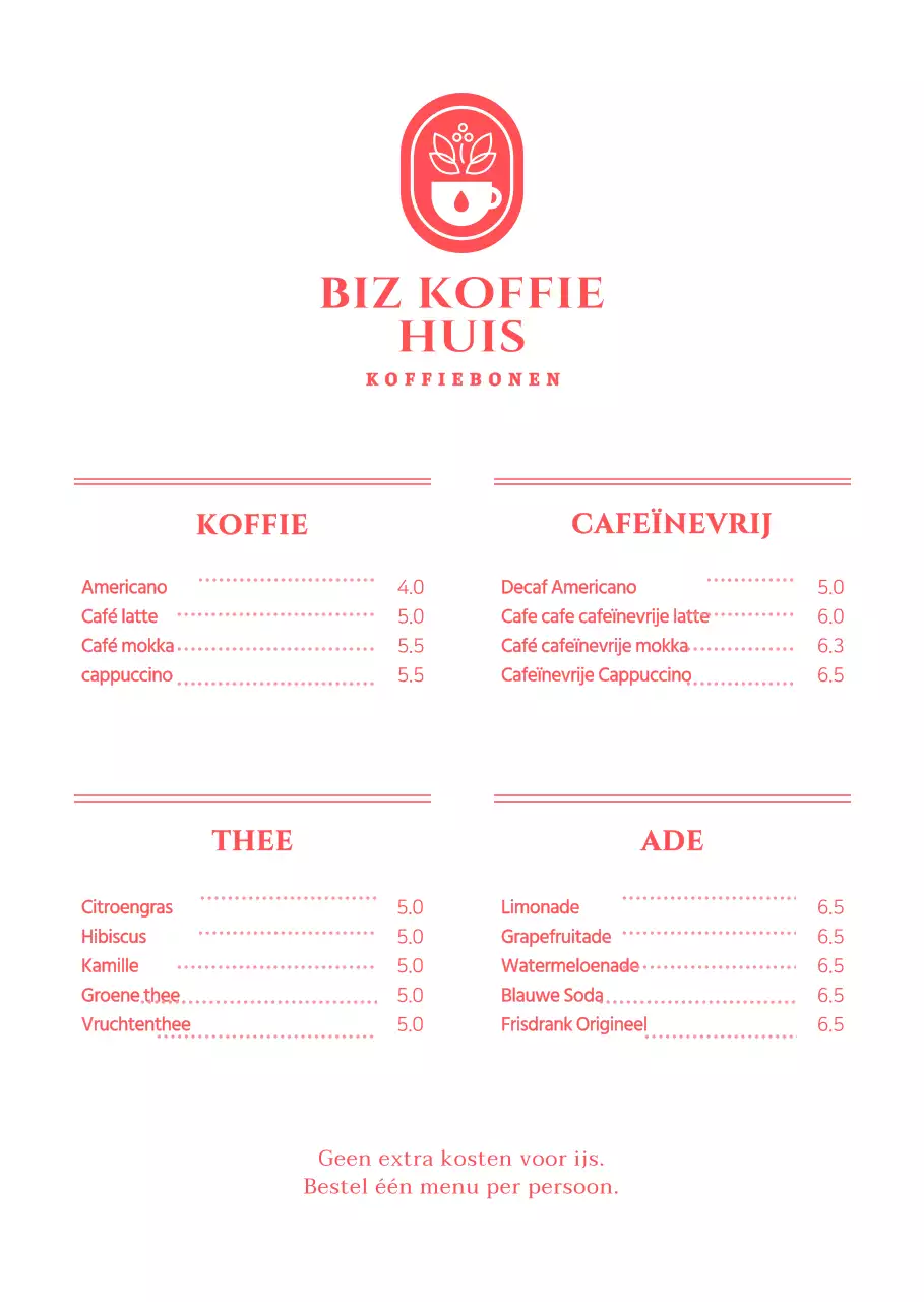 Menuprijzen voor een eenvoudig rood-wit conceptcafé