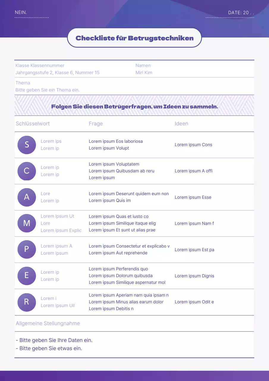Lila Grafik Konzept Scammer Technik Checkliste