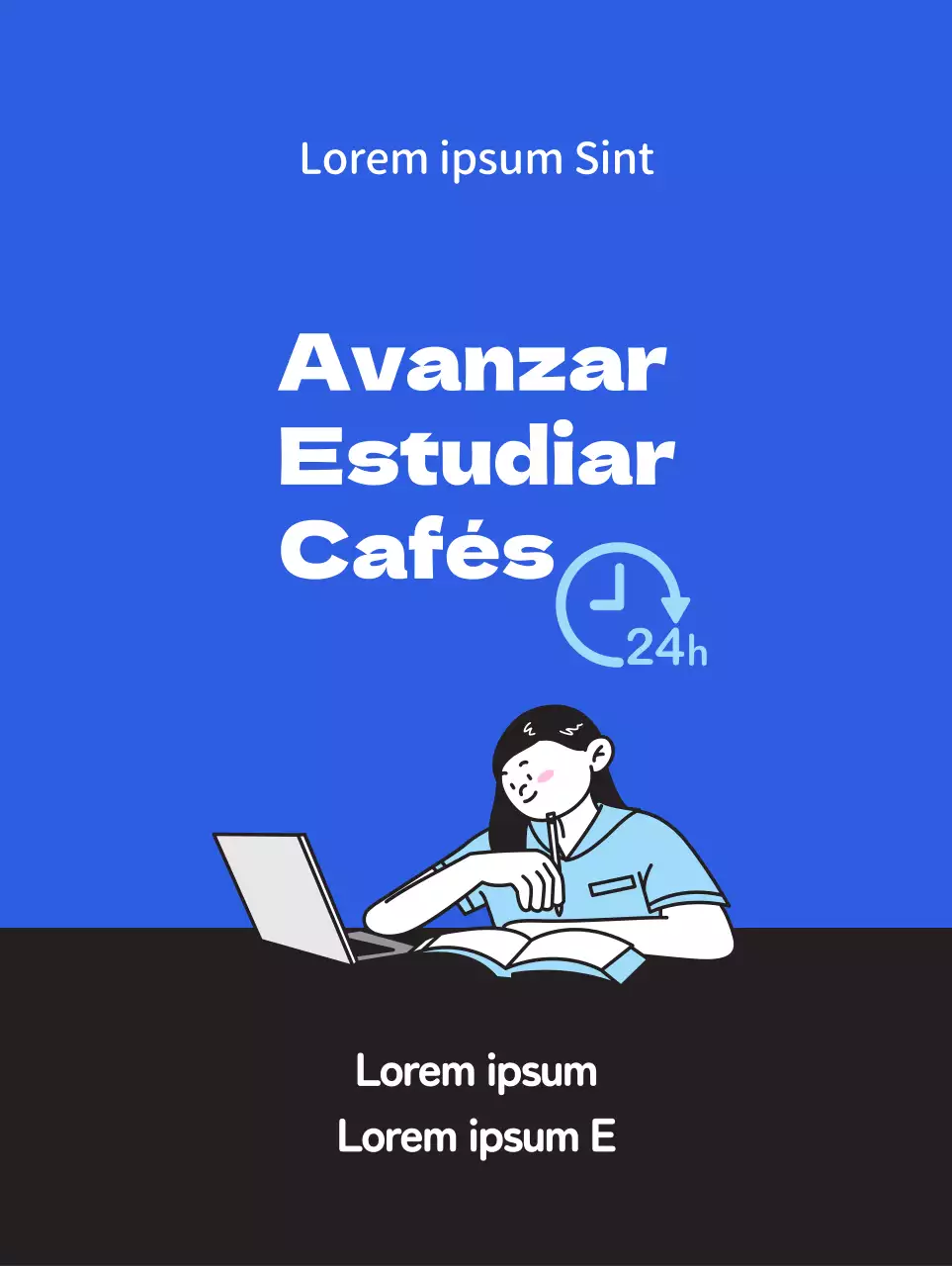 Promueva un café de estudio limpio con una ilustración de un estudiante estudiando sobre un fondo azul