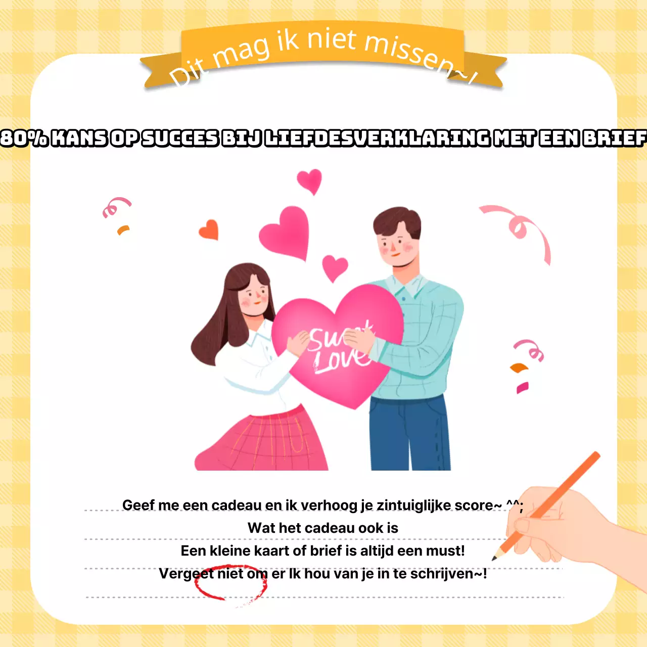 Geschenkenenquête met illustratie van geliefden op geruite achtergrond CardNews