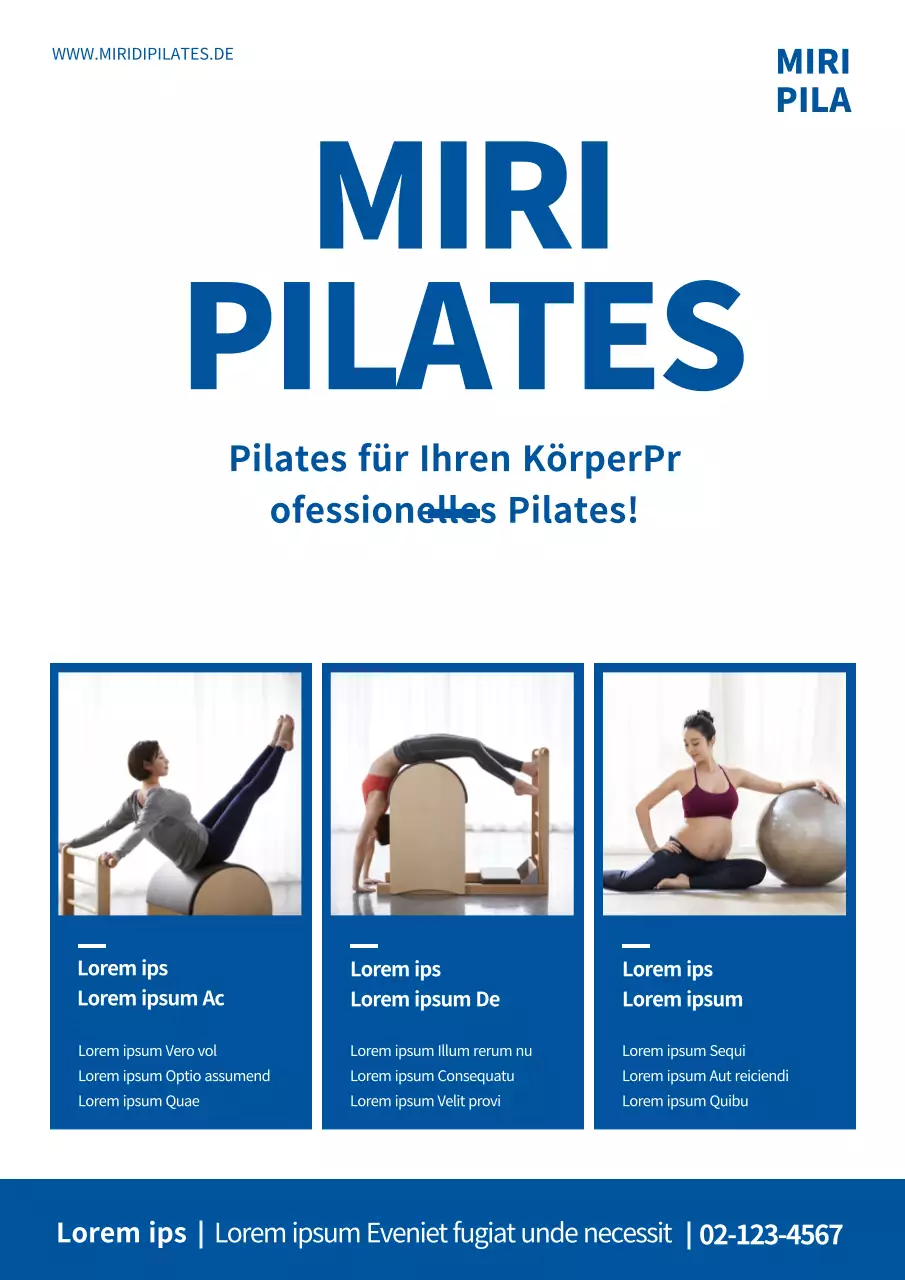 Werben Sie für eine saubere Pilates-Schule mit einem Foto einer Frau, die Pilates in Blau macht.