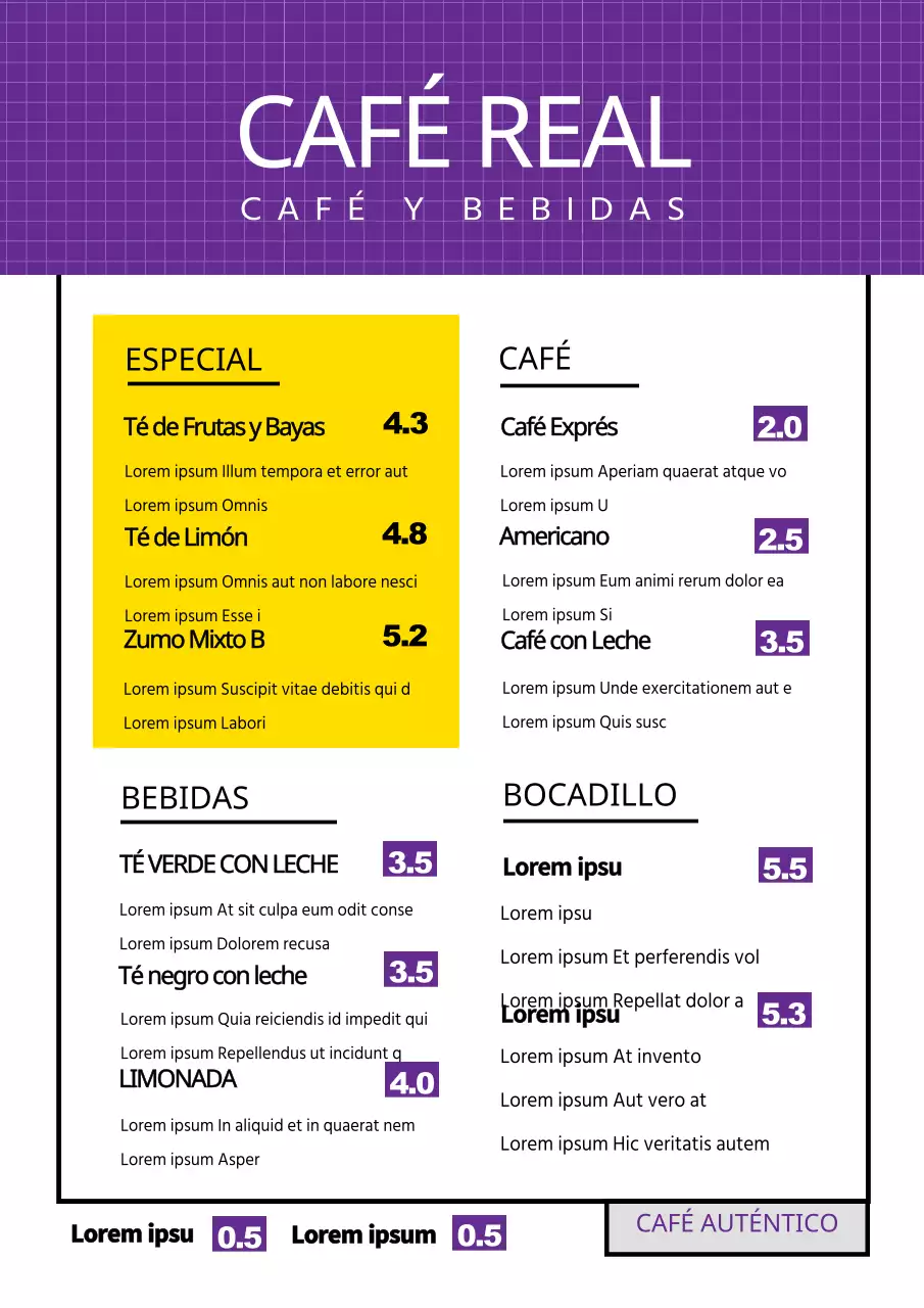 Púrpura blanco café bebida menú menú tablero