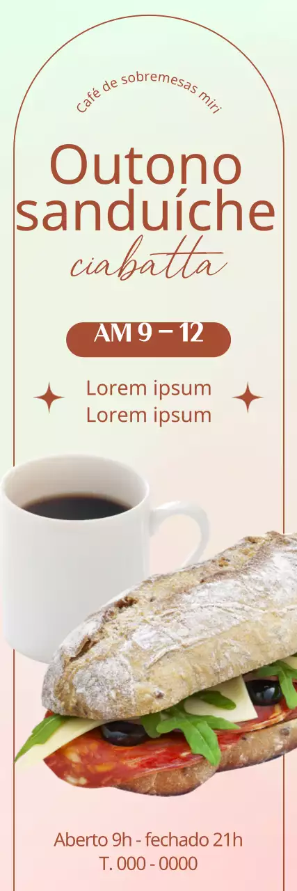Faixa com uma fotografia de uma sanduíche e um café sobre um fundo com gradiente