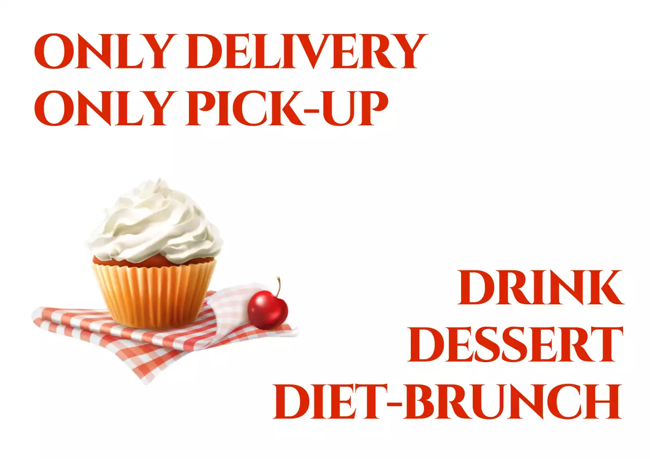 赤のカフェ関連の文言と営業時間があるカフェのデザイン。