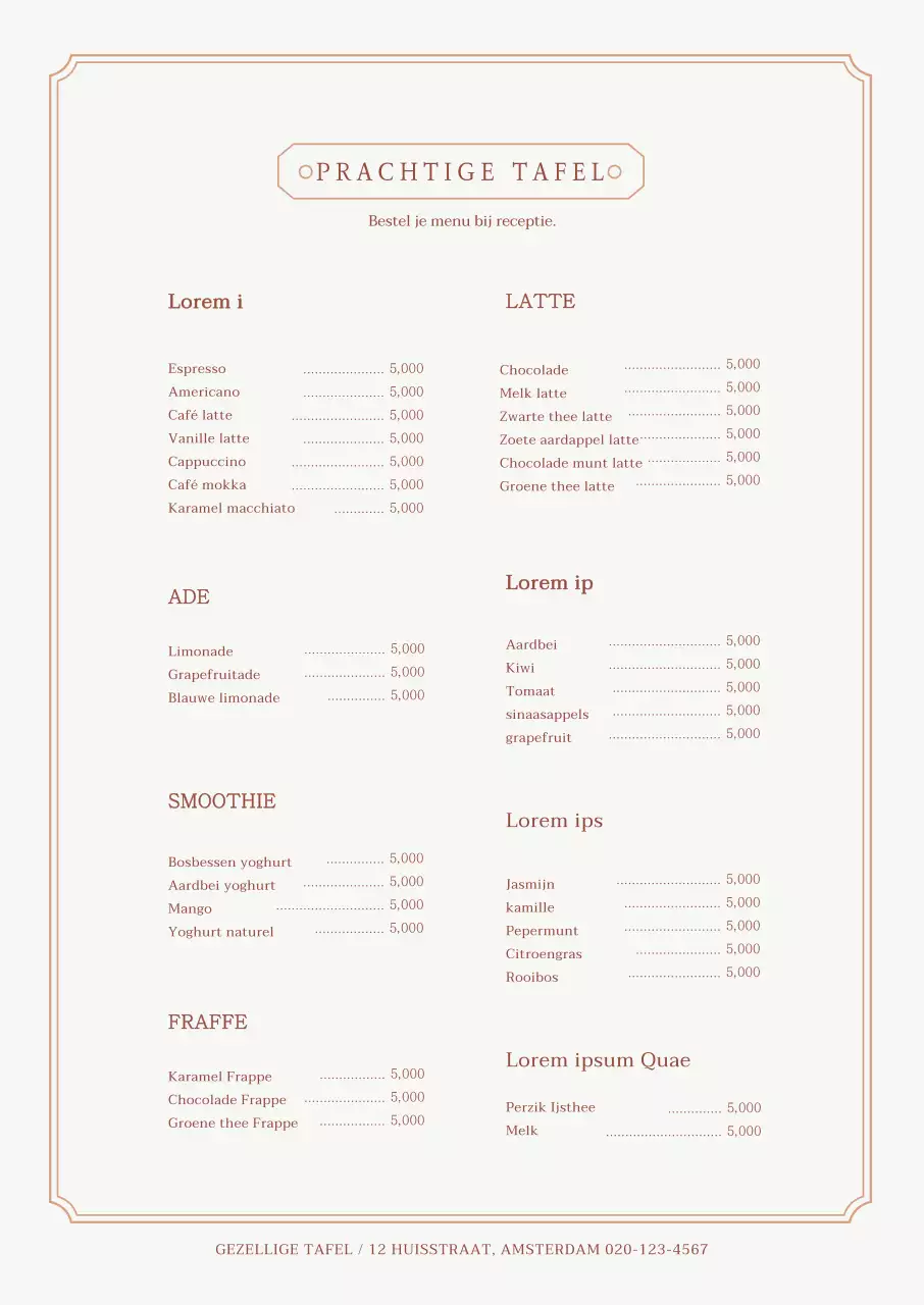 Eenvoudig cafémenu met een beige rand