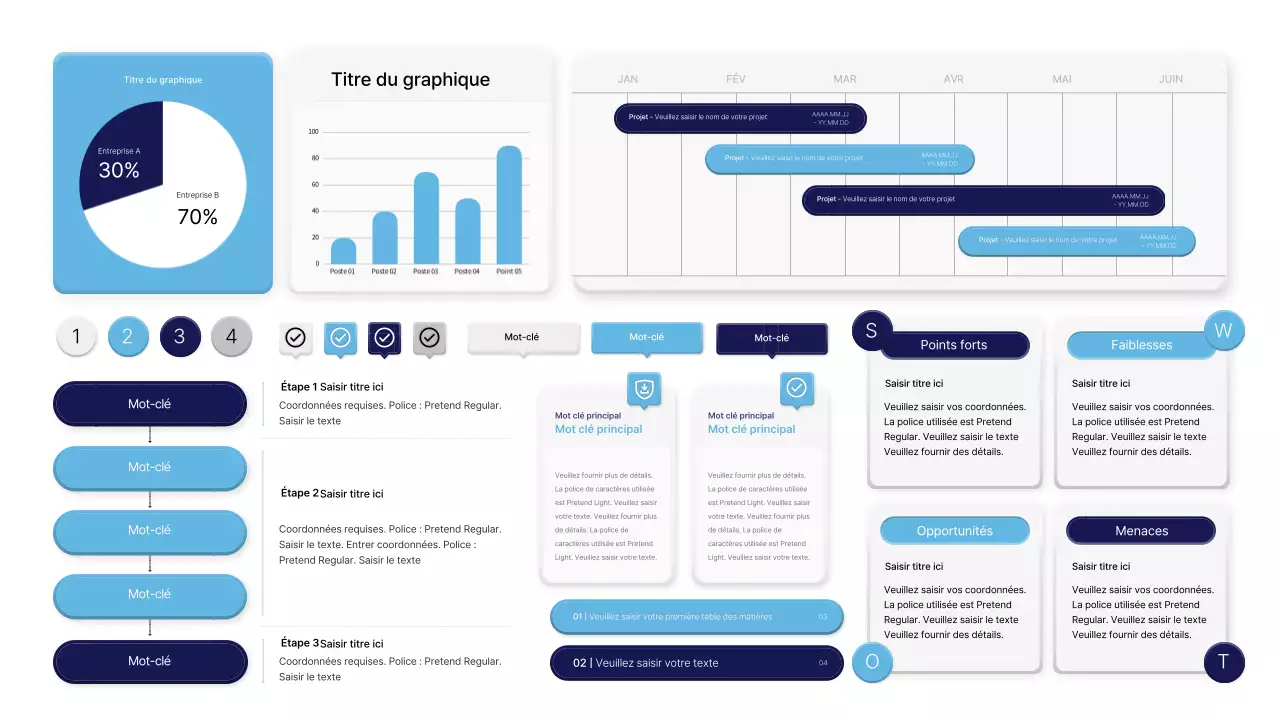 Kit de style UX UI avec une sensation tridimensionnelle en bleu clair et bleu marine