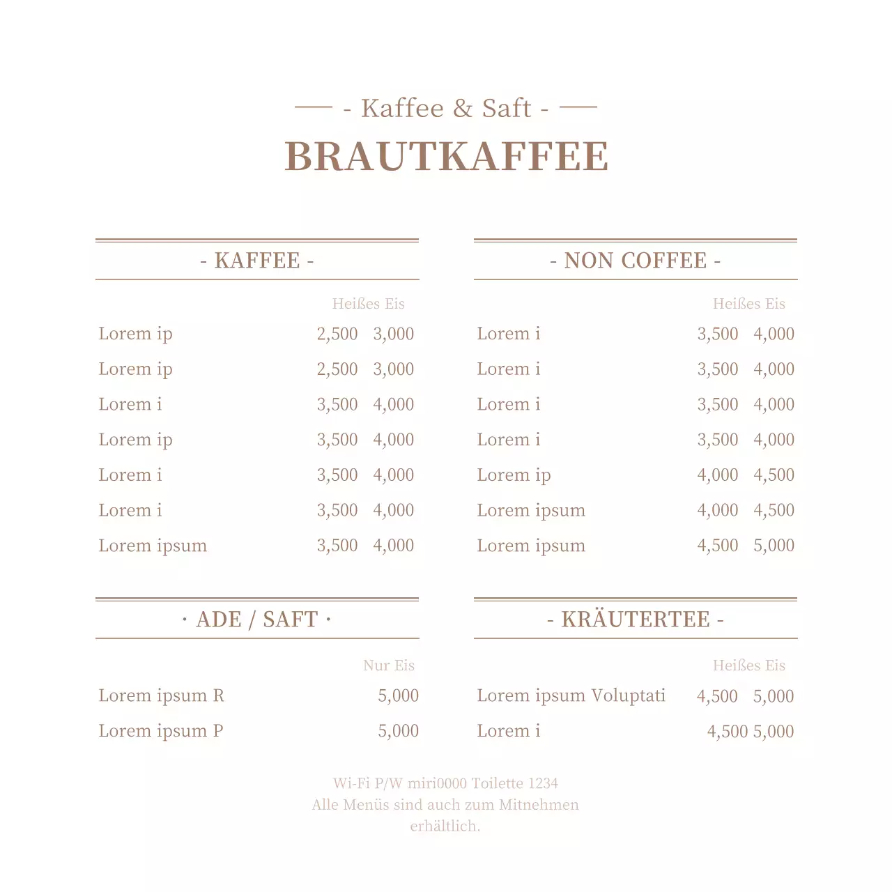 Sauberes weißes und braunes Konzept Cafe-Menü mit Preisliste