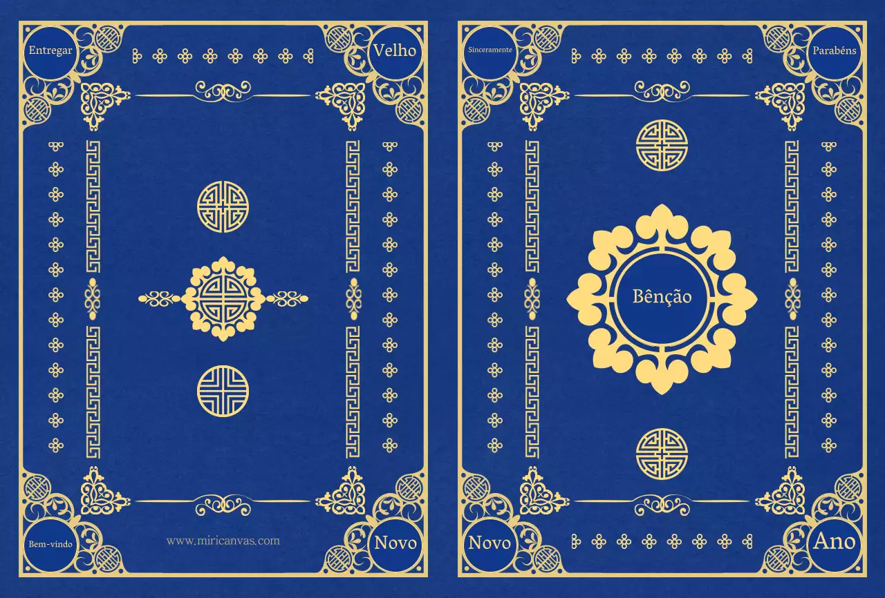 Cartão de felicitações com padrão tradicional coreano azul e amarelo