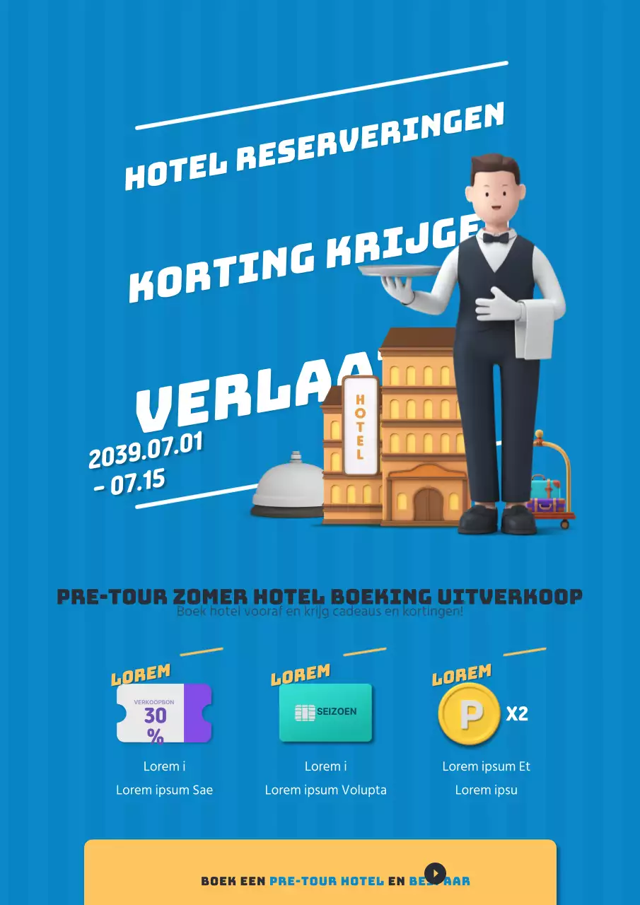 Promoot een hotelboekingsevenement voor reisagenten met een blauw 3D-personage