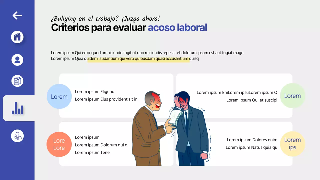 Formación para la prevención del acoso laboral en un tema de interfaz de usuario azul y limpio