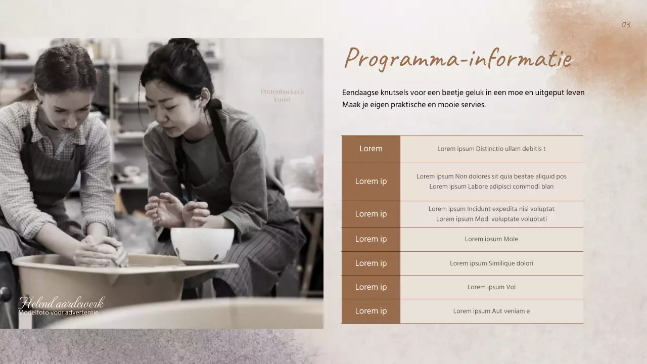 Eendaagse keramiekles met een traditionele uitstraling in beige en bruin