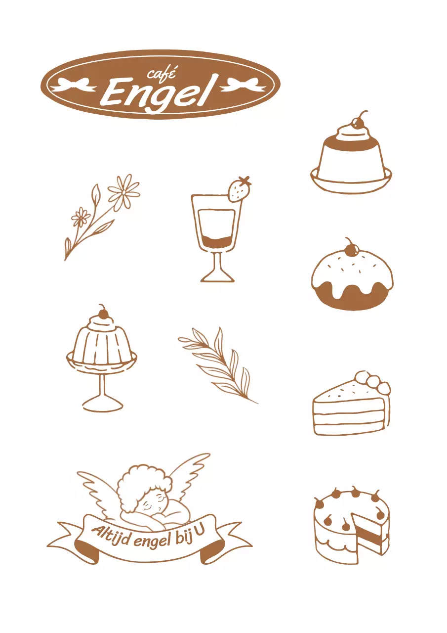 Een bruine, handgetekende lijnillustratie van café-gerelateerde objecten en een café-logo.