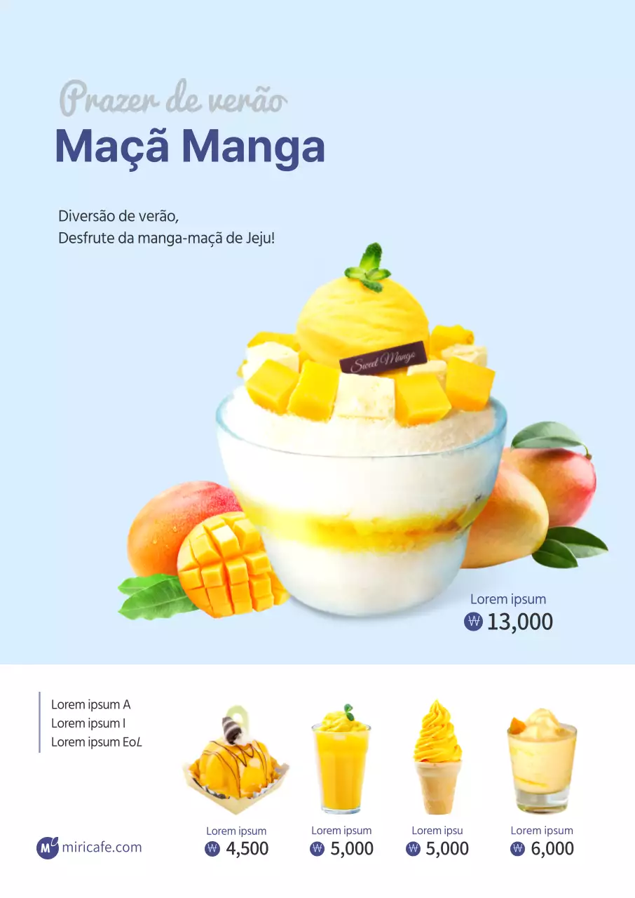 Cartaz promocional simples de verão para um menu sazonal de maçã e manga em azul claro