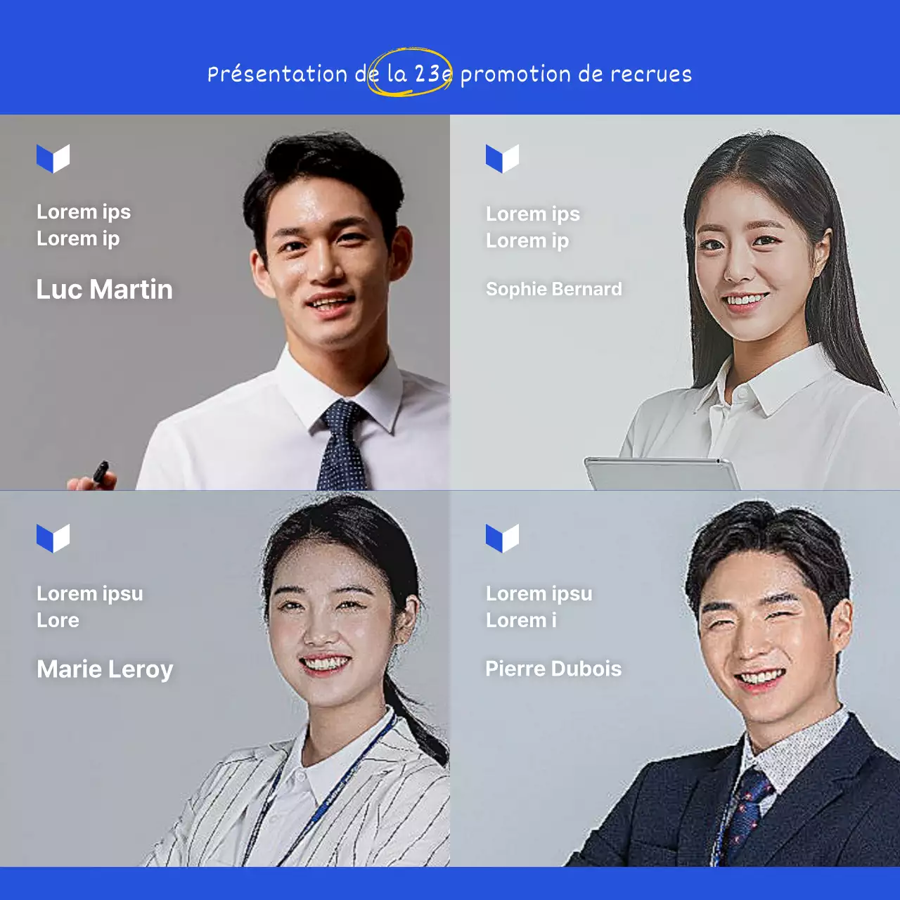 Une présentation simple et claire des nouveaux employés dans des tons bleus CardNews