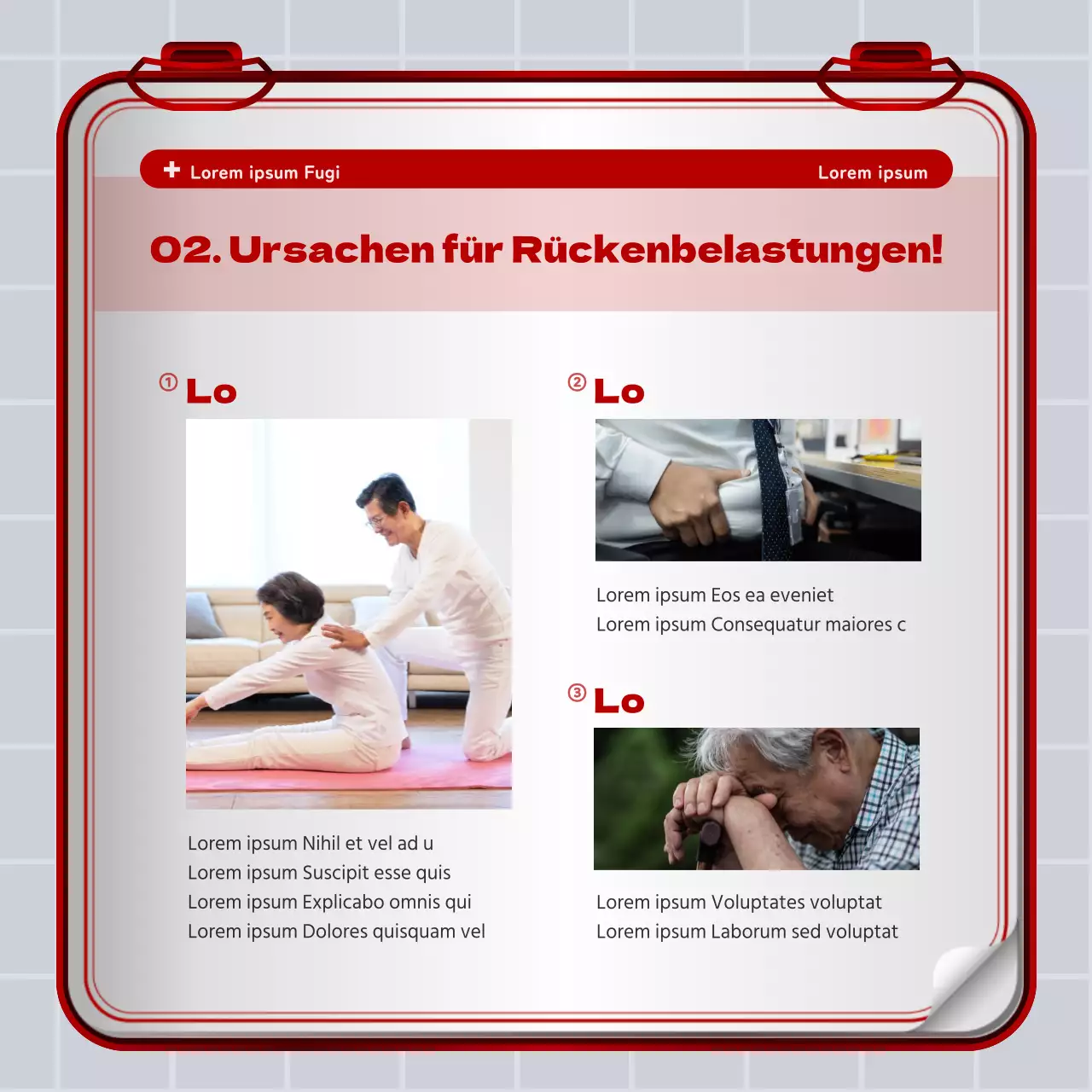 Rot-weißes Konzept für einen Erste-Hilfe-Kasten für die Lendenwirbelsäule Information und Werbung für das Krankenhaus
