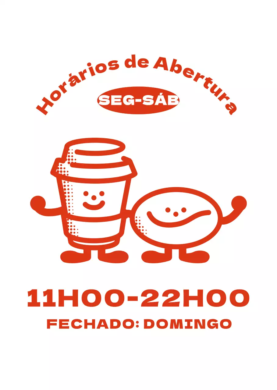Ilustrações giras de café e grãos de café em vermelho com informações sobre o horário de funcionamento do café