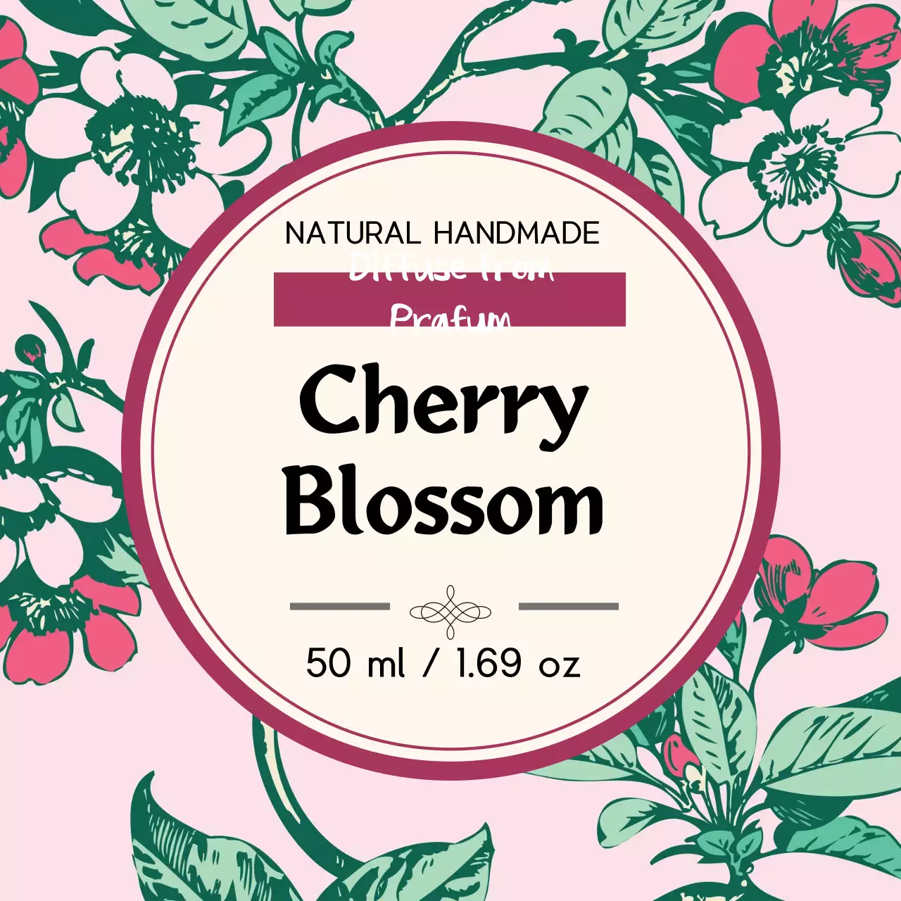 Label parfum antik dengan ilustrasi merah muda