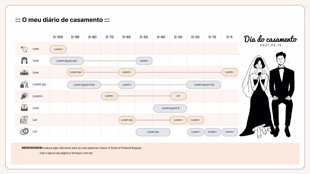 Diagrama de Gantt do planeamento do casamento em bege e lilás