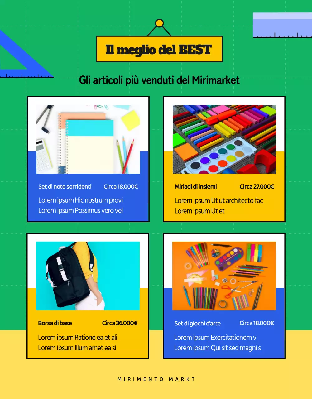 Una carrellata colorata e illustrata di articoli per il back-to-school preferiti prima del mercato.