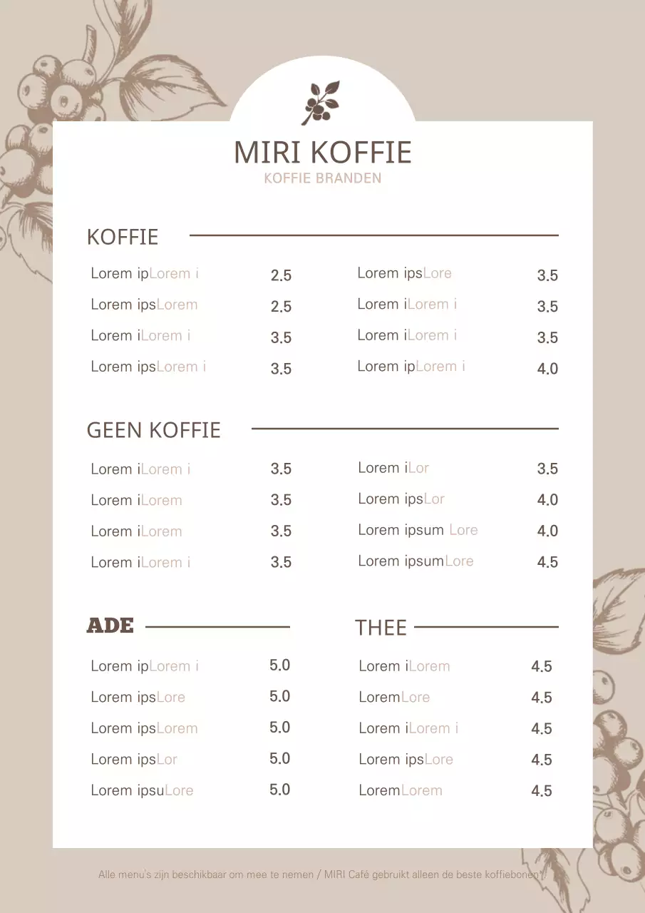 Botanische illustratie café menuposter in bruin