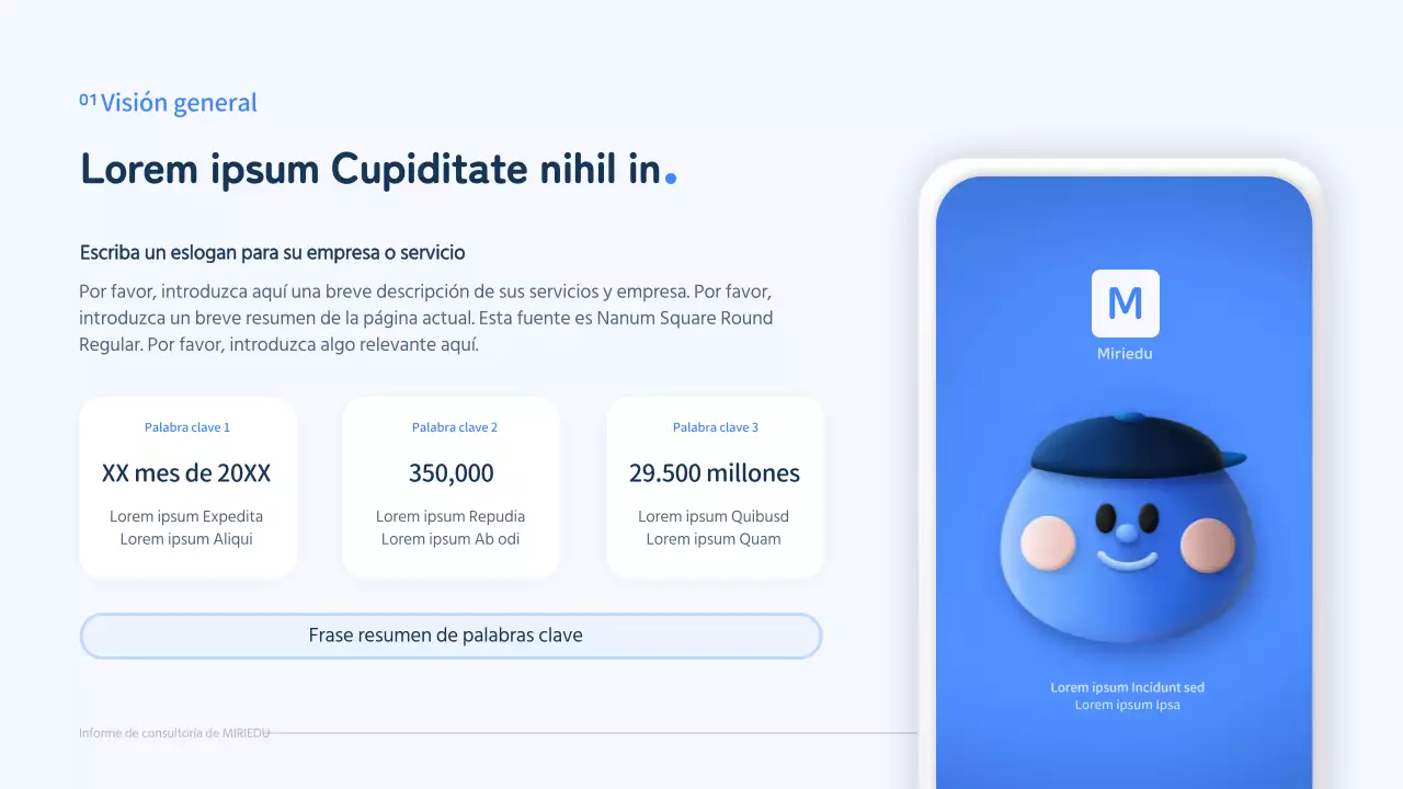 Un personaje tridimensional azul con un concepto limpio para un informe de consultoría.