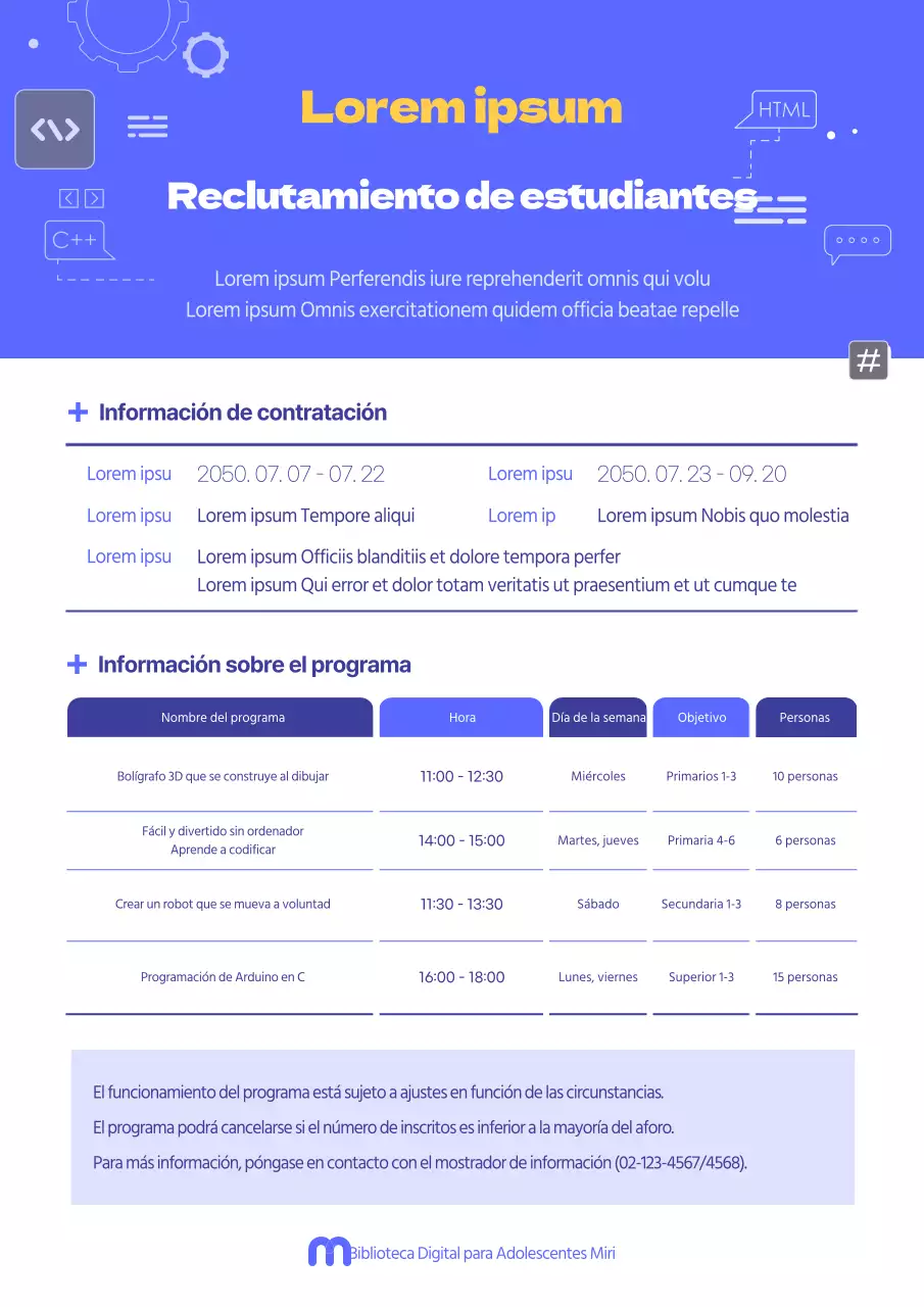 Reclutamiento para un curso azul y sencillo de vacaciones de verano