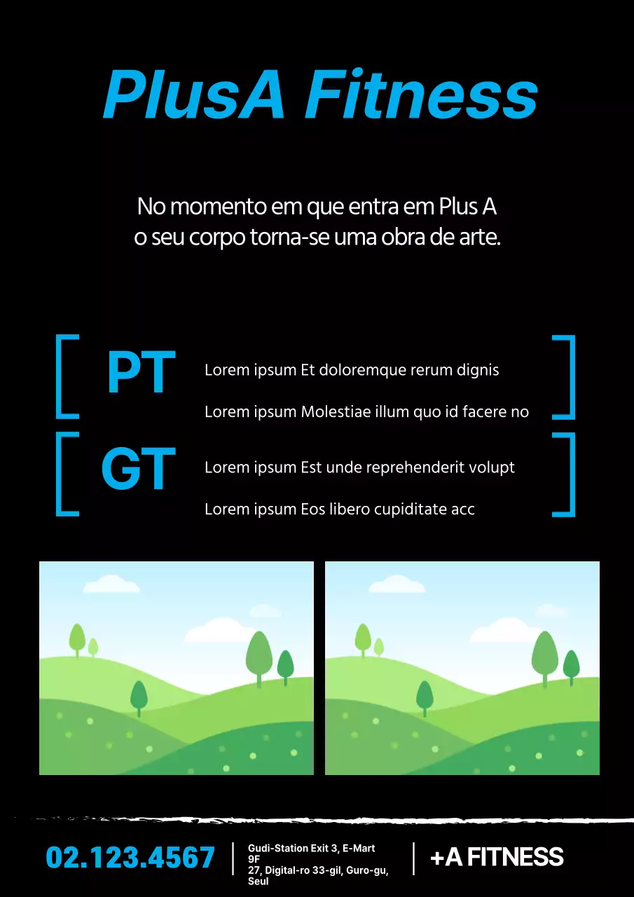 Promoção simples de ginásio com fotografias e texto em azul e preto