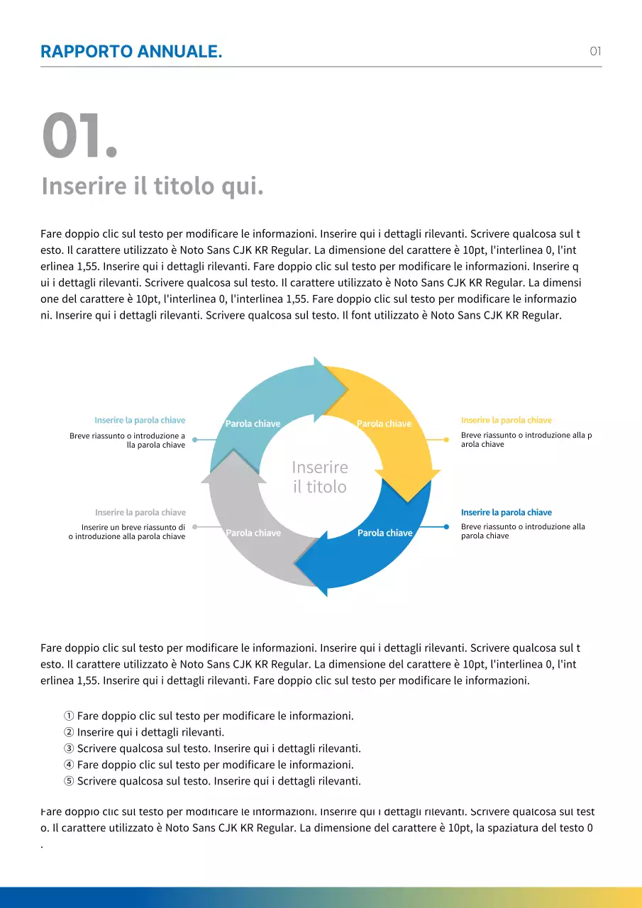 Formattare una relazione o un documento infografico con i toni del blu e del giallo.
