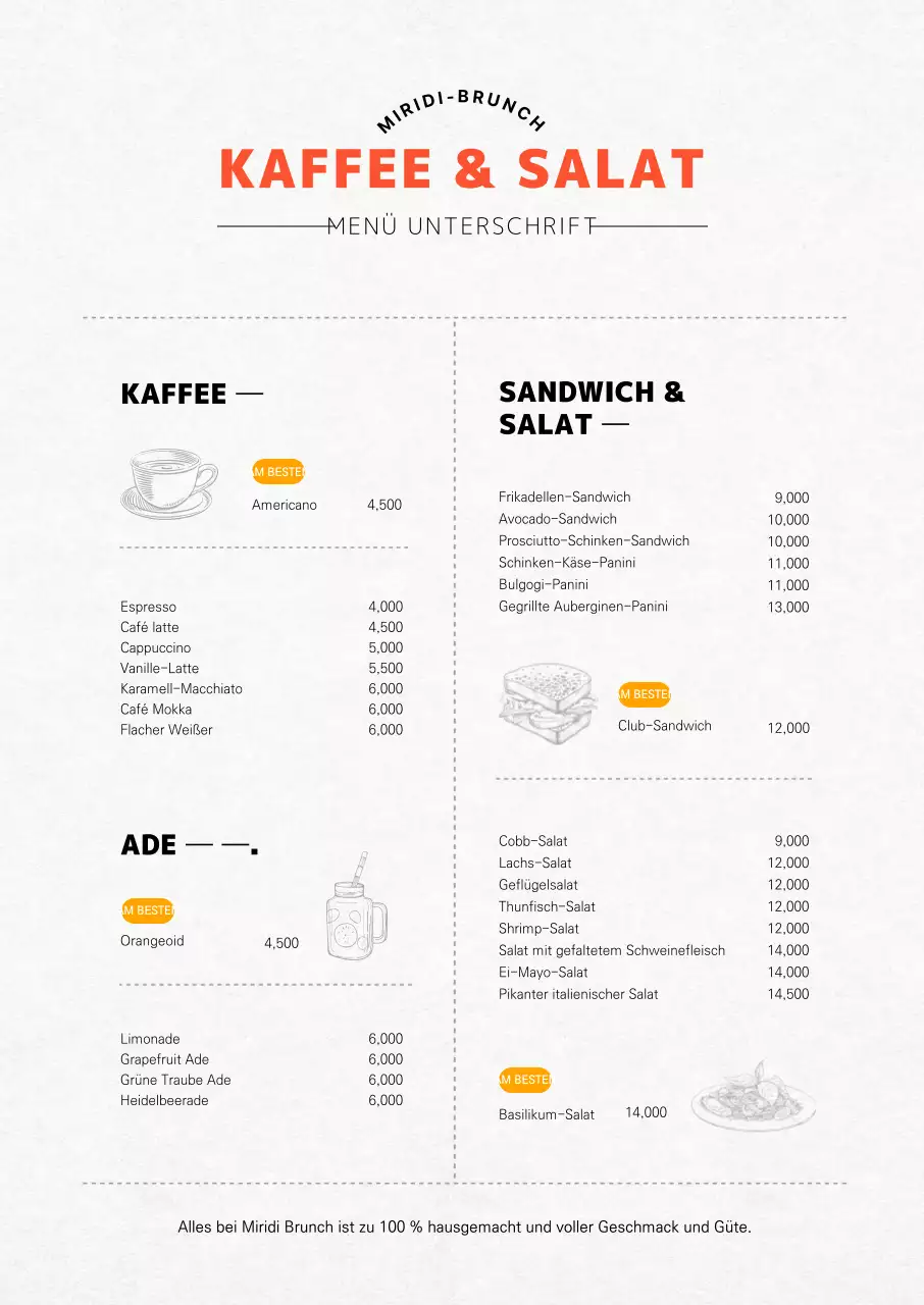 Vertikale Café-Brunch-Menütafel in Orange mit Illustrationen