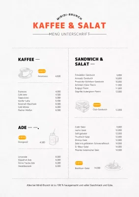 Vertikale Café-Brunch-Menütafel in Orange mit Illustrationen