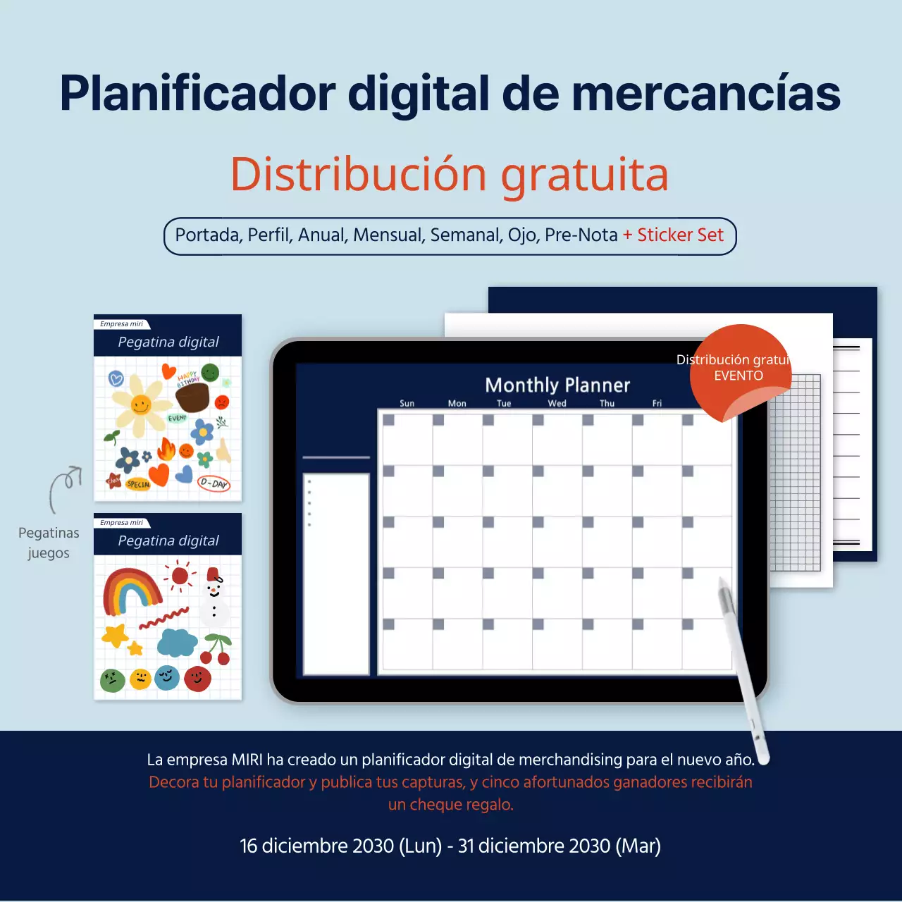 Planificador de merchandising digital gratuito en azul para su próximo evento de regalos
