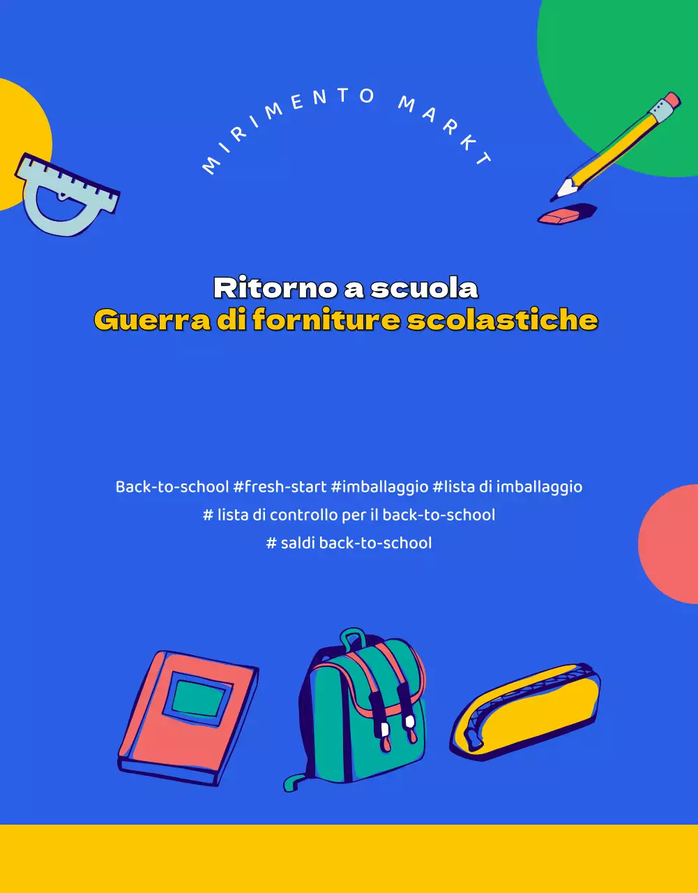 Una carrellata colorata e illustrata di articoli per il back-to-school preferiti prima del mercato.