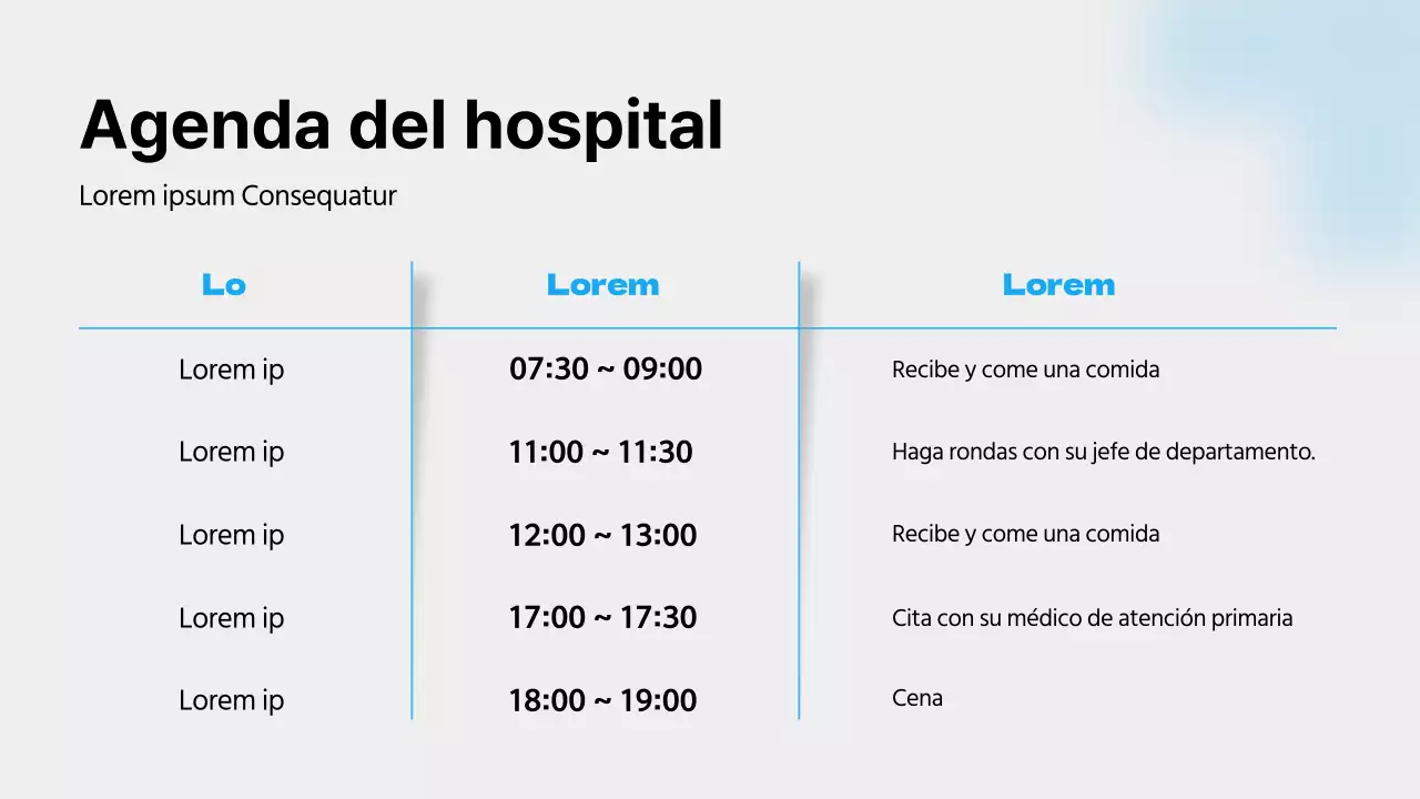 Una guía de la vida hospitalaria con colores azules, líneas limpias y sombras