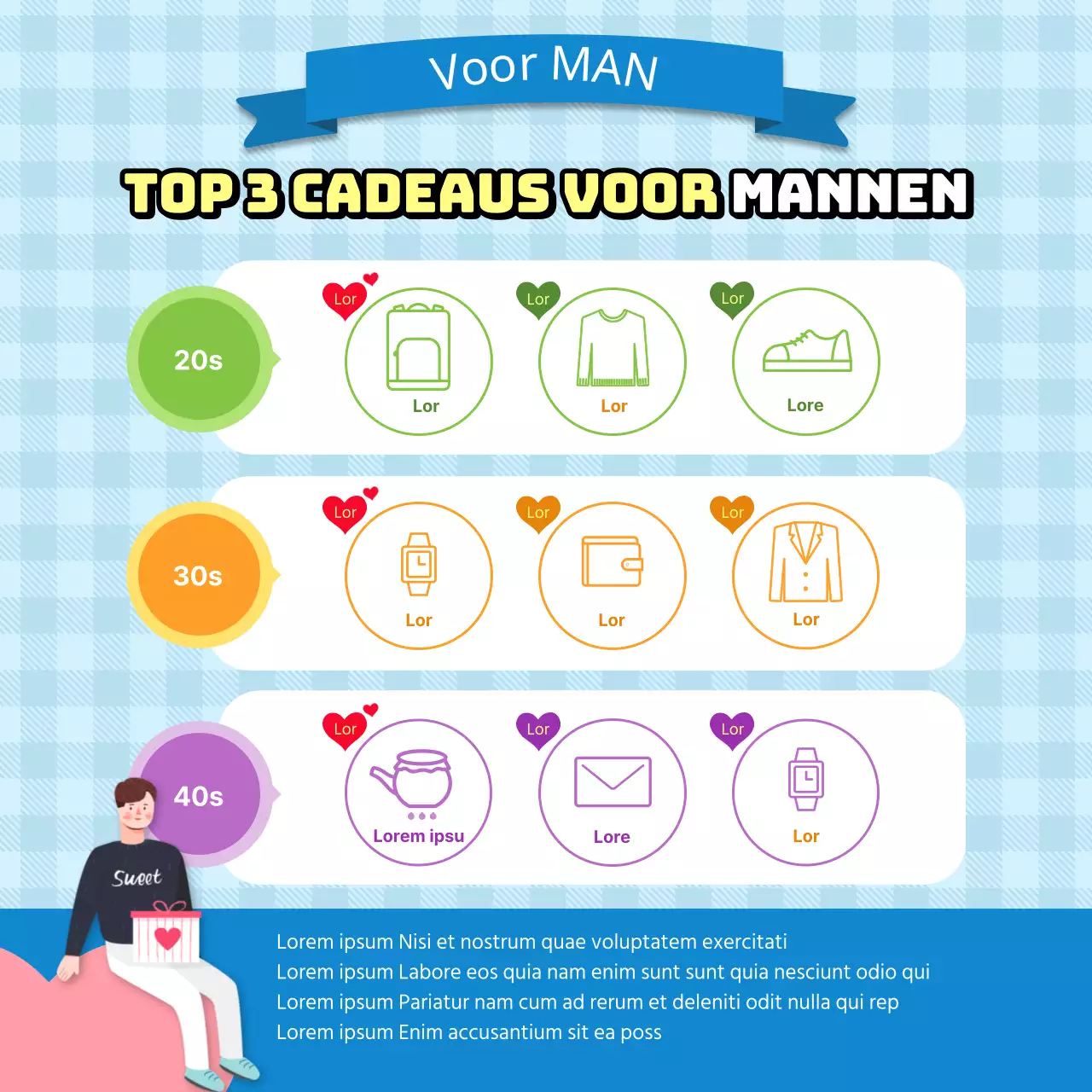 Geschenkenenquête met illustratie van geliefden op geruite achtergrond CardNews