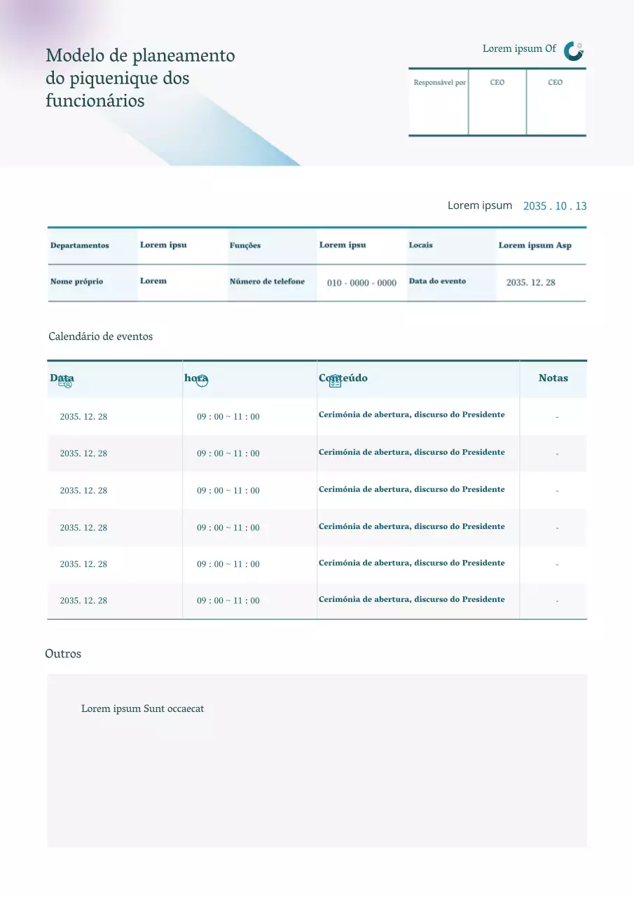 Documento de planeamento do piquenique dos trabalhadores, simples e tabular, a azul claro