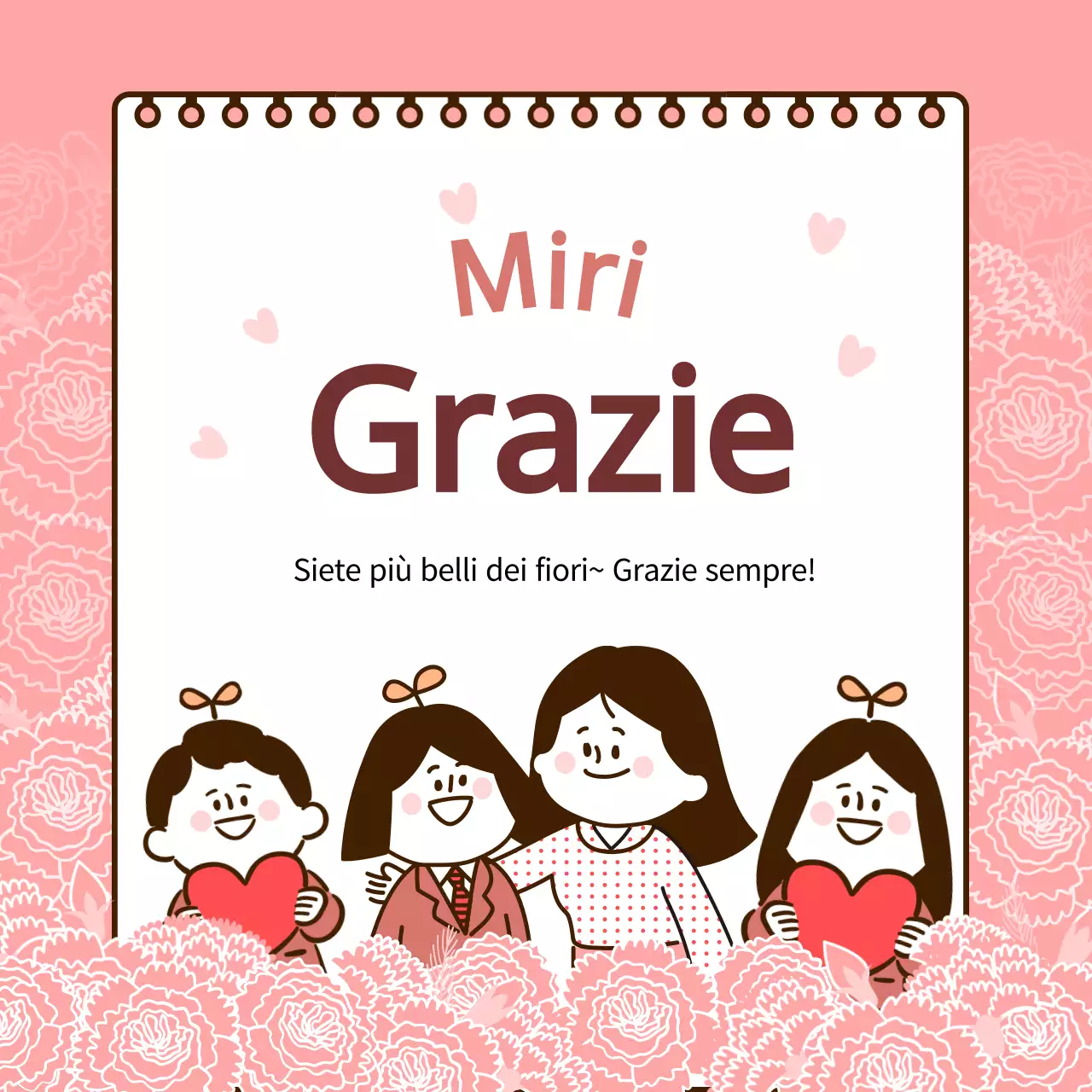 Tema biglietto di ringraziamento per la festa dell'insegnante in rosa e marrone, tema biglietto illustrato carino