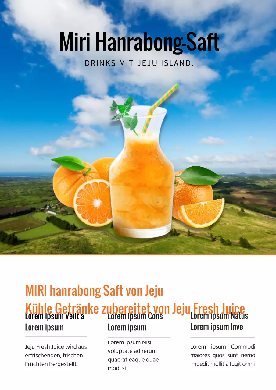 Blauer und orangefarbener natürlicher Hallabong-Saft Event-Anzeige