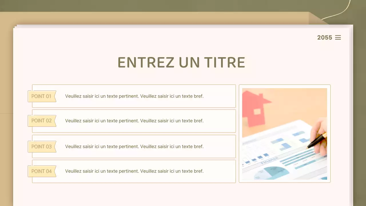 Pour des présentations avec un concept de document épuré dans les tons olive et beige