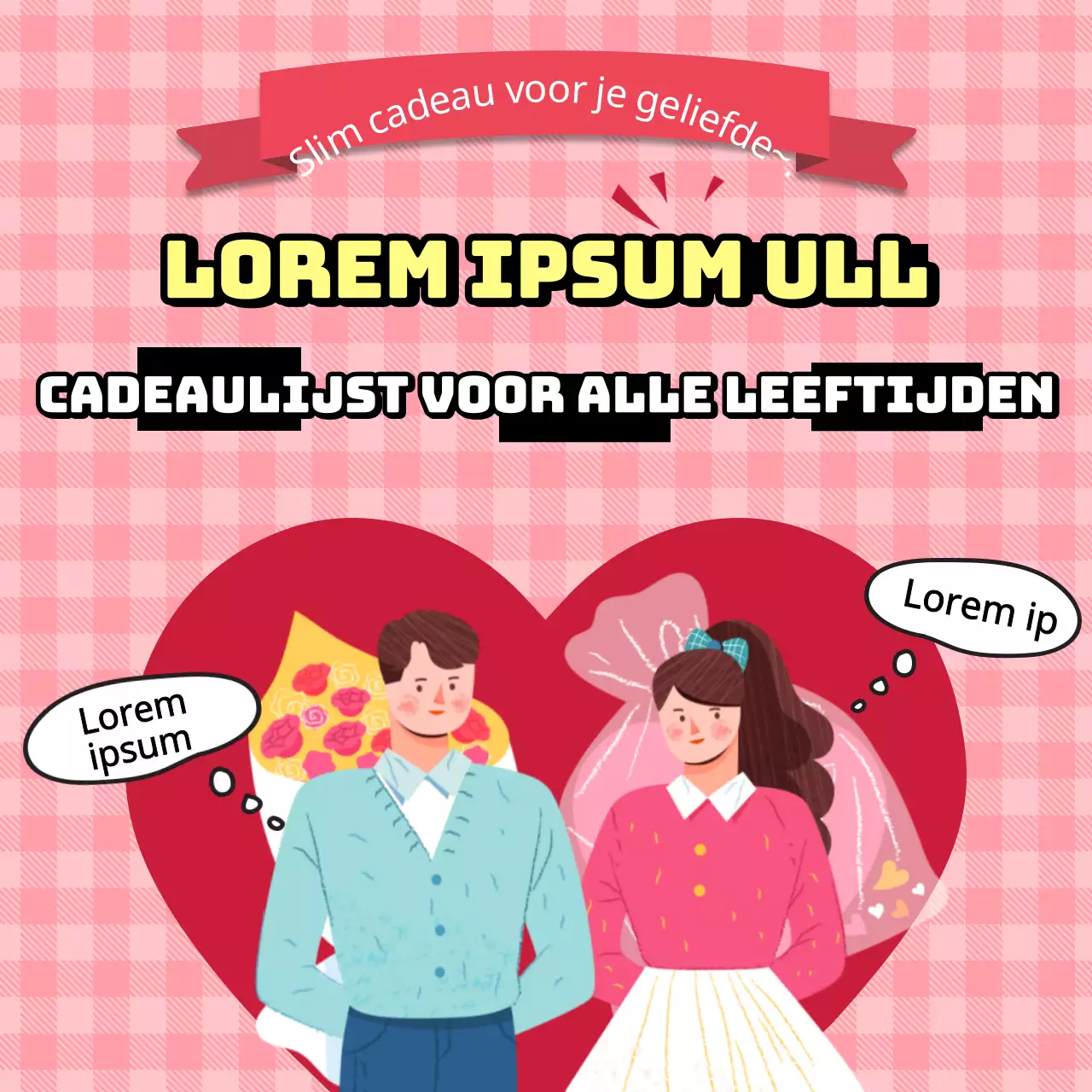 Geschenkenenquête met illustratie van geliefden op geruite achtergrond CardNews