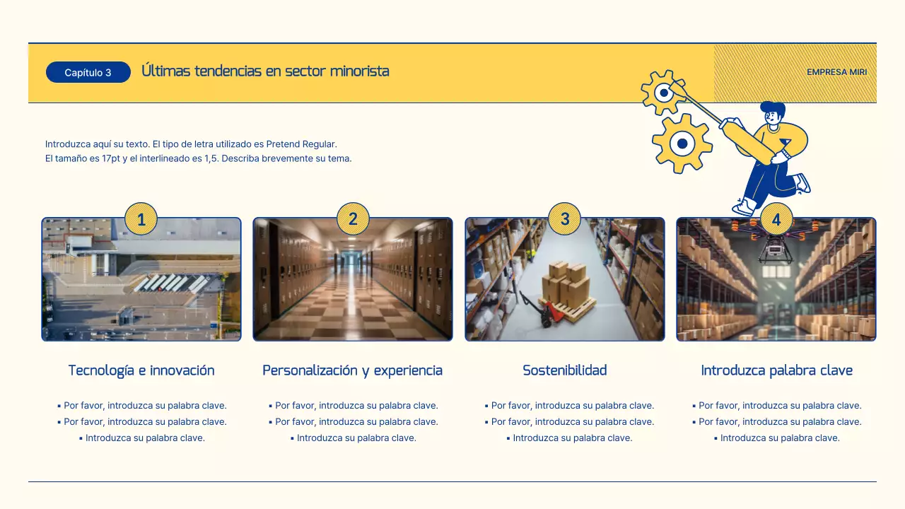 Informe sobre las perspectivas del sector minorista con ilustraciones en azul y amarillo