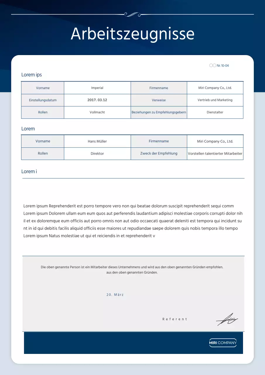 Marineblaues, sauberes und ordentliches Empfehlungsschreiben