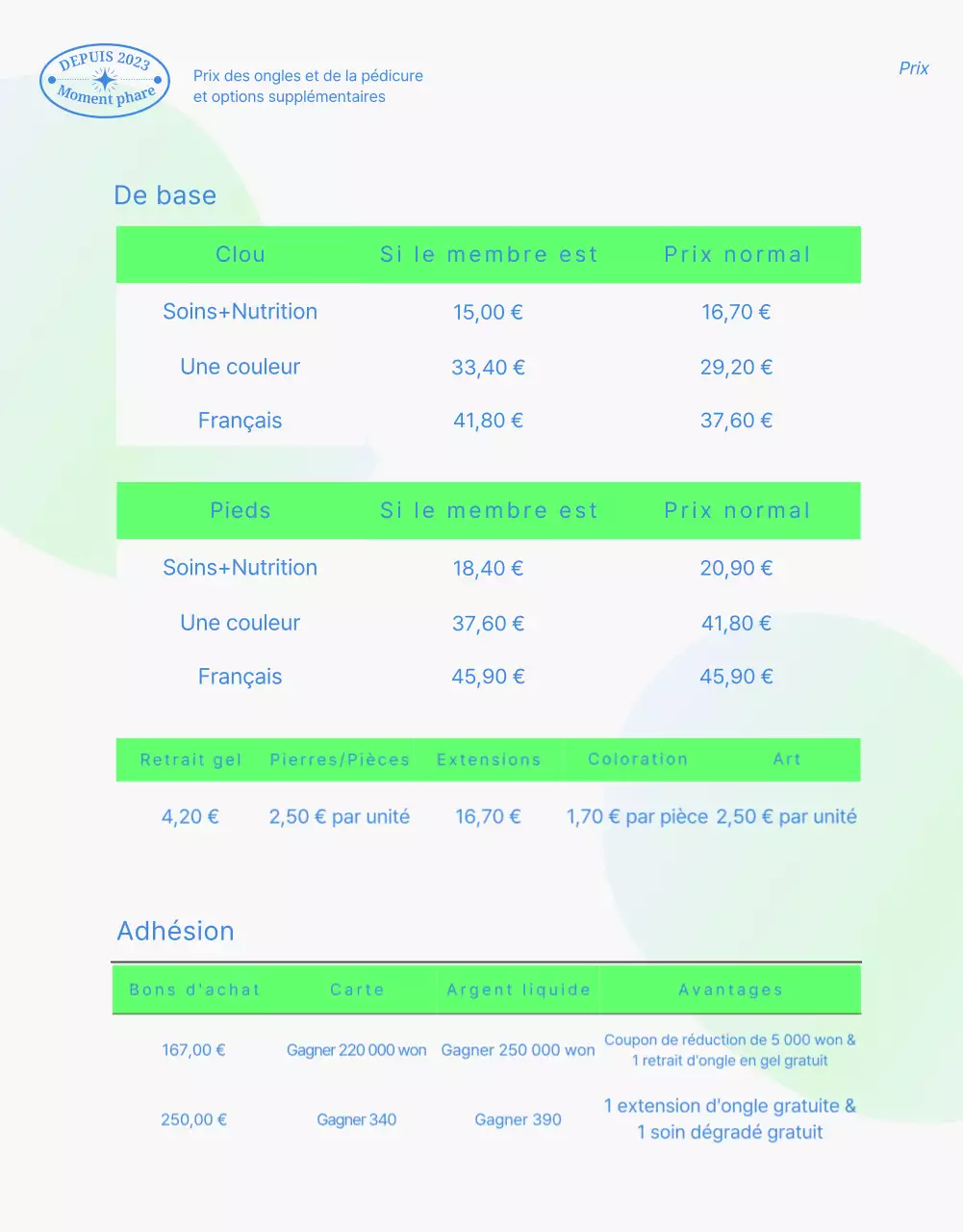 Thème promotionnel pour un salon de manucure avec des photos d'ongles soignés en chartreuse et en bleu