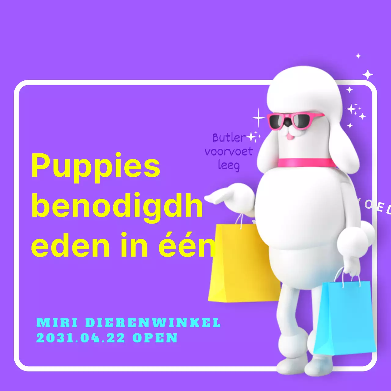 Promoot de opening van een site voor hondenbenodigdheden met gele tekst op een paarse achtergrond