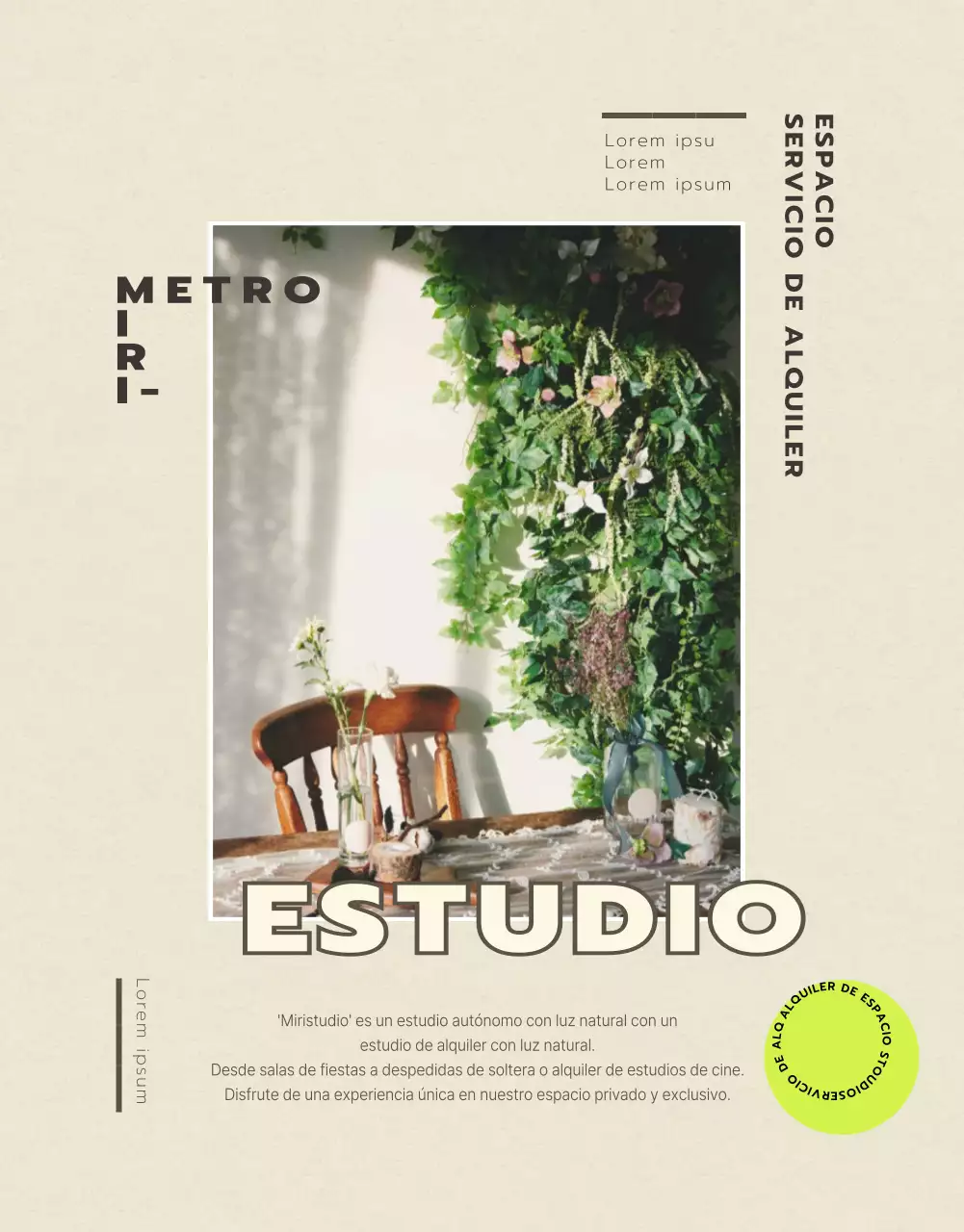 Más información sobre el alquiler de estudios en tonos negros y beige