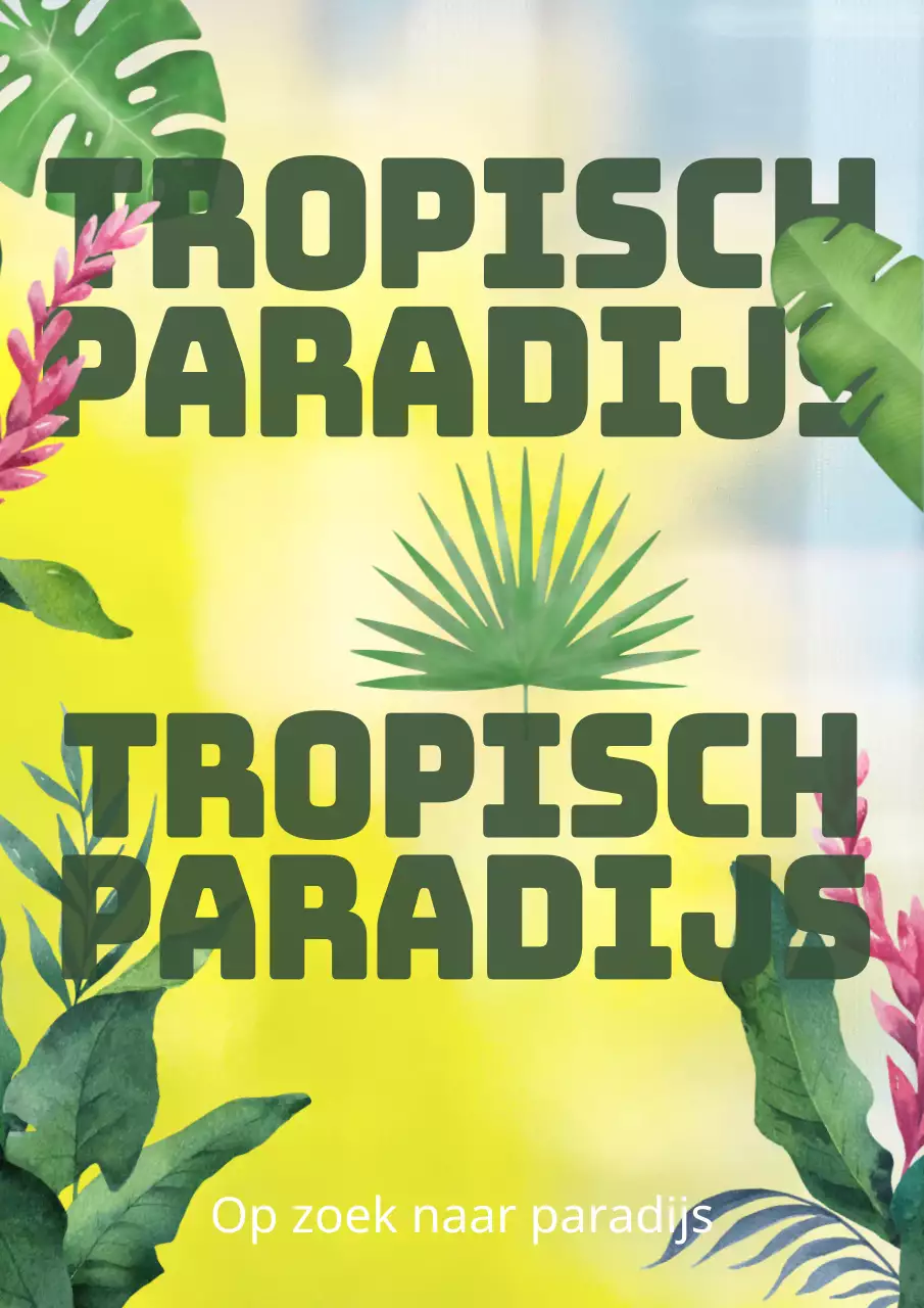 Tropisch paradijs kunst met tropische planten en grunge tekst op een gele en blauwe achtergrond