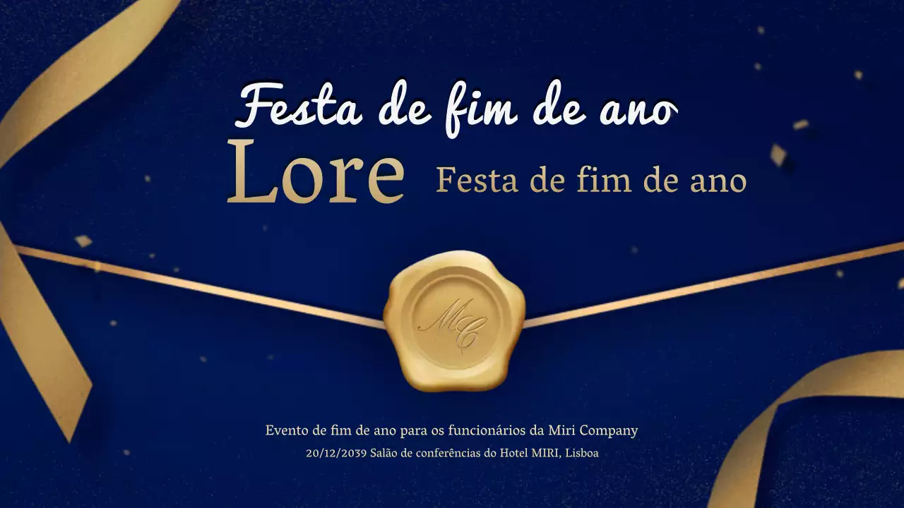 Um convite dourado e azul-marinho para uma festa de fim de ano com uma ordem de serviço cerimonial