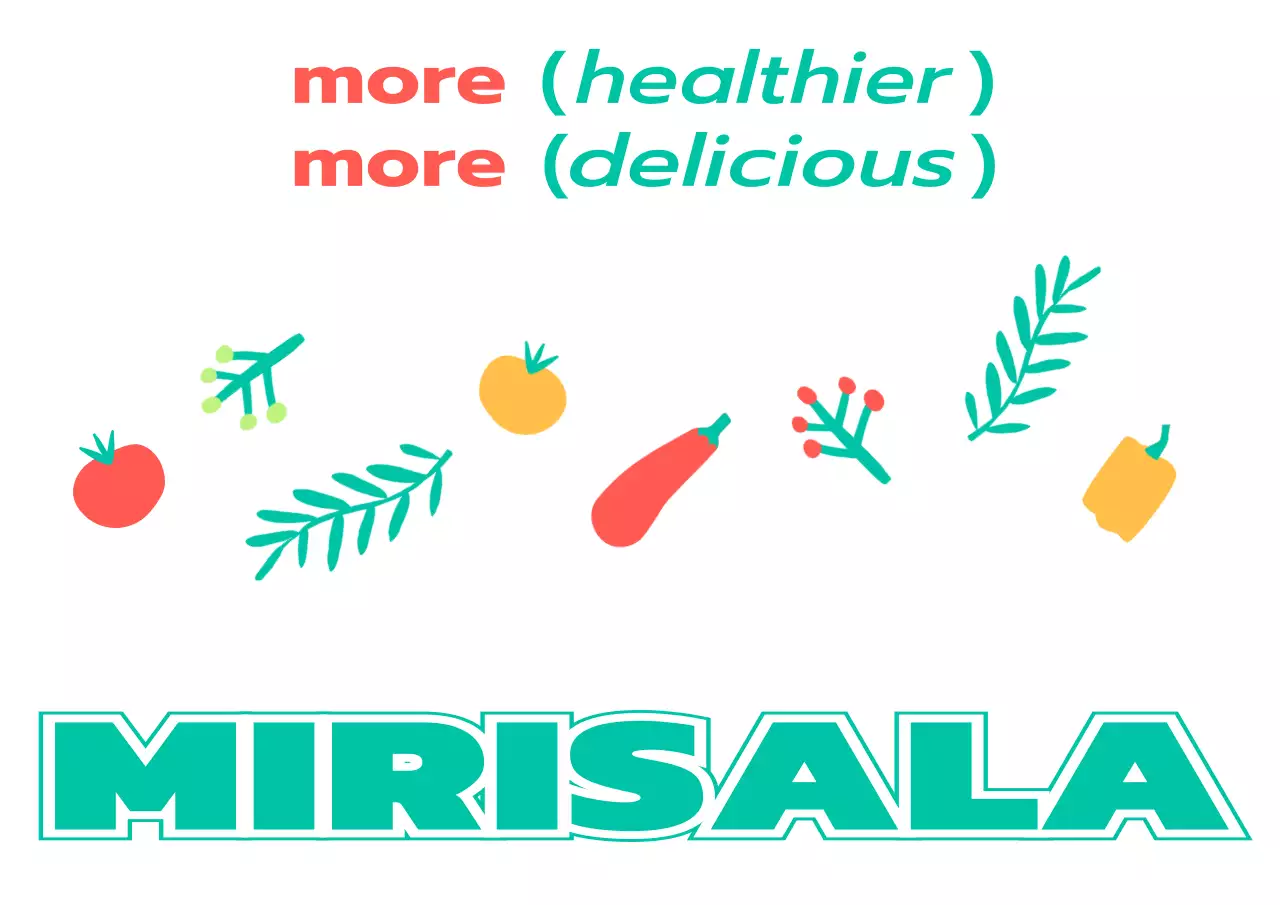 ターコイズと赤のシンプルな野菜や植物のイラストが入ったサラダ屋さんの販促用