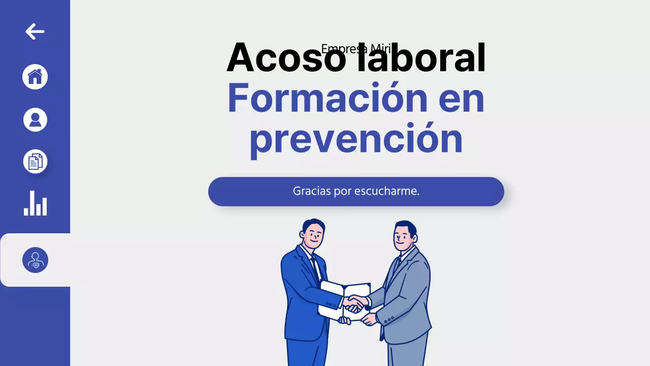Formación para la prevención del acoso laboral en un tema de interfaz de usuario azul y limpio