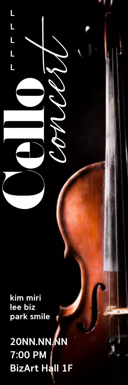 A poster promoting a concert with a picture of a cello on a black background.